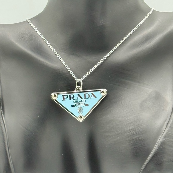 Authentic Upcycled PRADA logo Pendant Necklace on Sterling Silver Chain - Picture 1 of 8